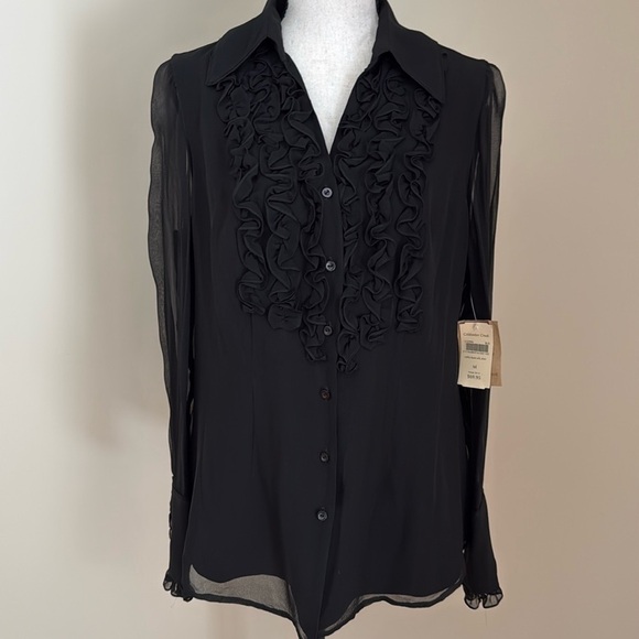NEW Coldwater Creek M Ruffle Front Silk Shirt Long Sleeve Blouse Semi Sheer NWT - Picture 1 of 7
